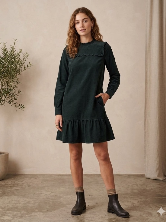 Oliver Bonas Dresses & Skirts - Oliver Bonas Women’s 6 Forest Green Micro Corduroy Bib Long Sleeve Lined Dress